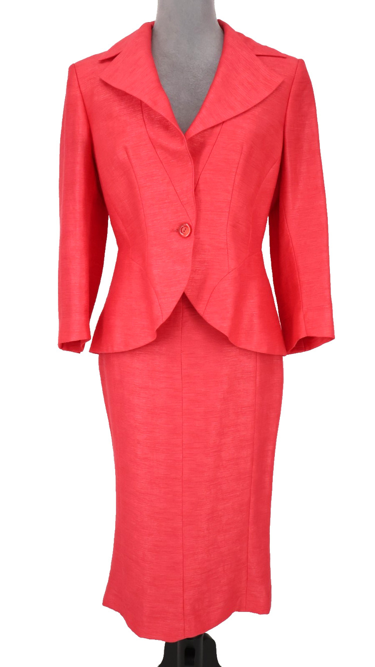 Javier Simorra Skirt Suit Womens 6 Pink Linen Blend Lined Fitted Designer Career